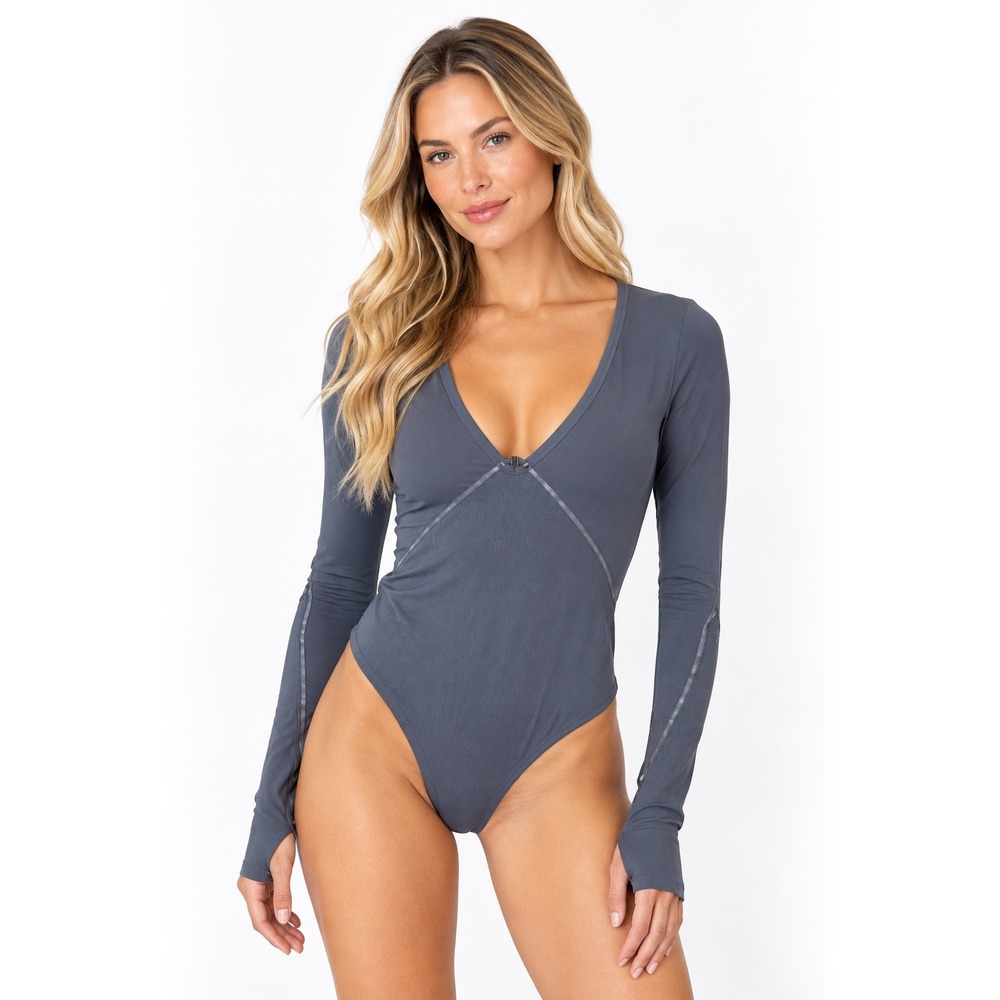 Free People Bodysuit Women Medium Blue Grey Excellent Ribbed V-Neck Long Sleeve
